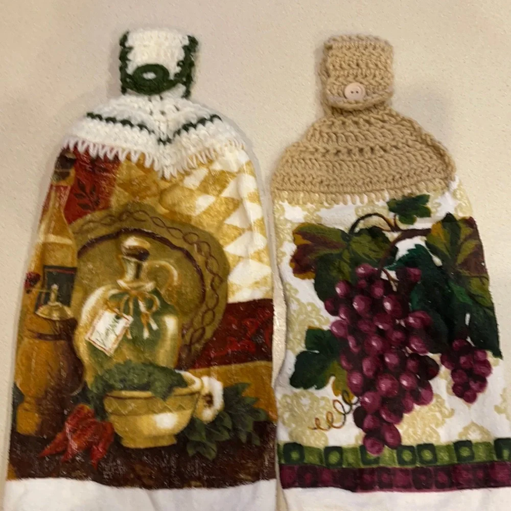 2 Kitchen Hand Towels with Hand Crocheted Button Top Closure